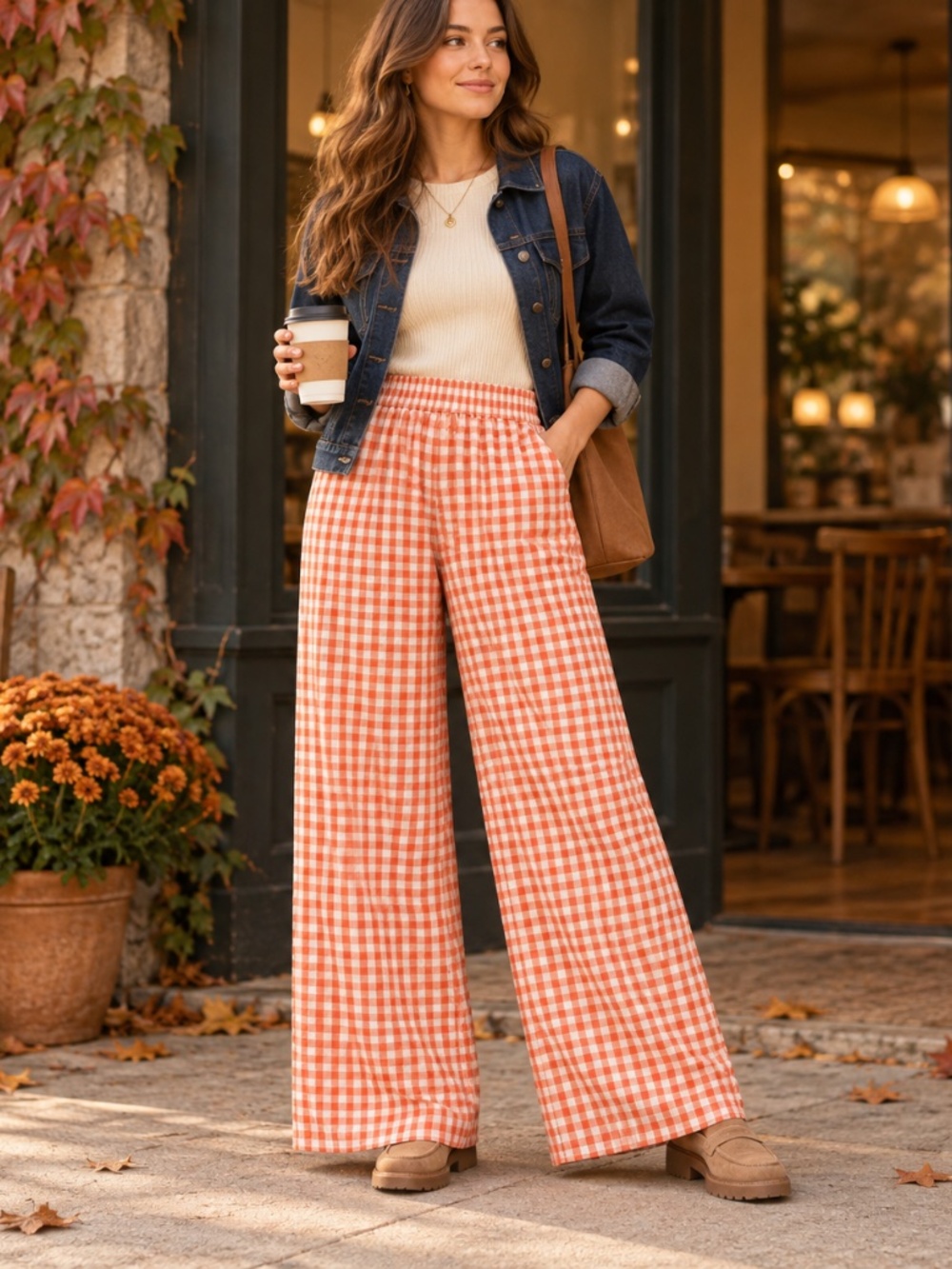 Orange White Gingham Wide Leg Pants S High Rise Cottagecore Retro